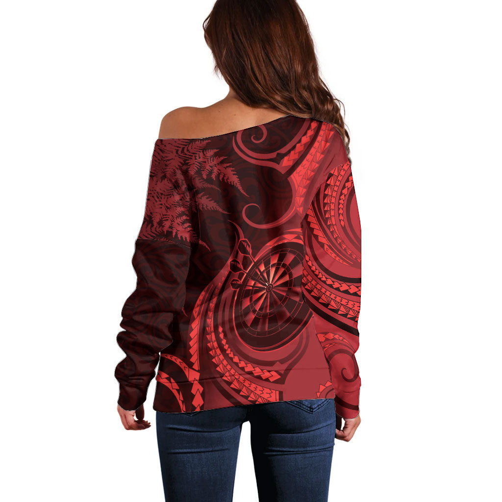 Personalised New Zealand Red Darts Off Shoulder Sweater Maori Fern Curve Style