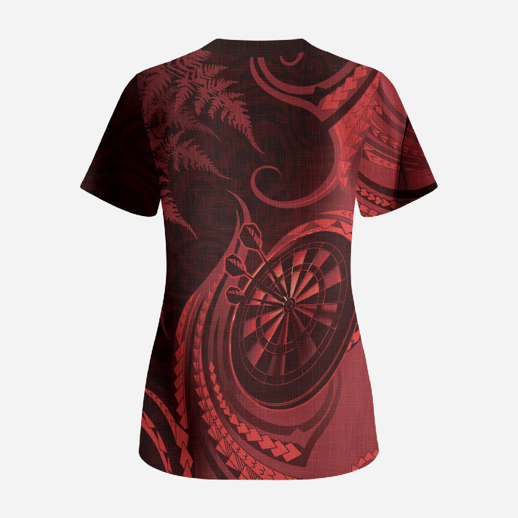 Personalised New Zealand Red Darts Scrub Top Maori Fern Curve Style