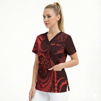 Personalised New Zealand Red Darts Scrub Top Maori Fern Curve Style