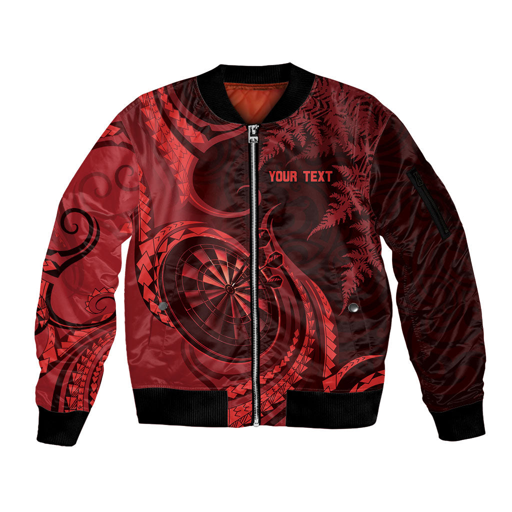 Personalised New Zealand Red Darts Sleeve Zip Bomber Jacket Maori Fern Curve Style