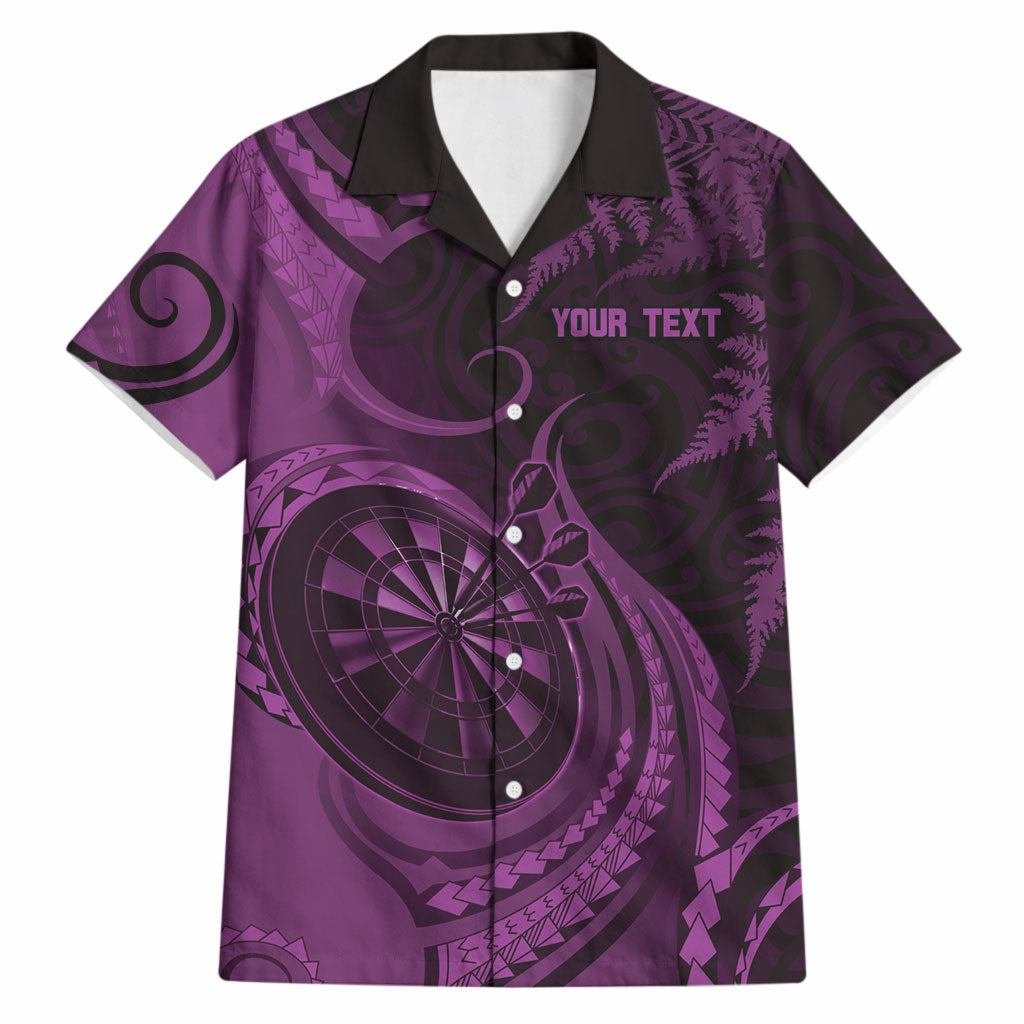 Personalised New Zealand Purple Darts Hawaiian Shirt Maori Fern Curve Style
