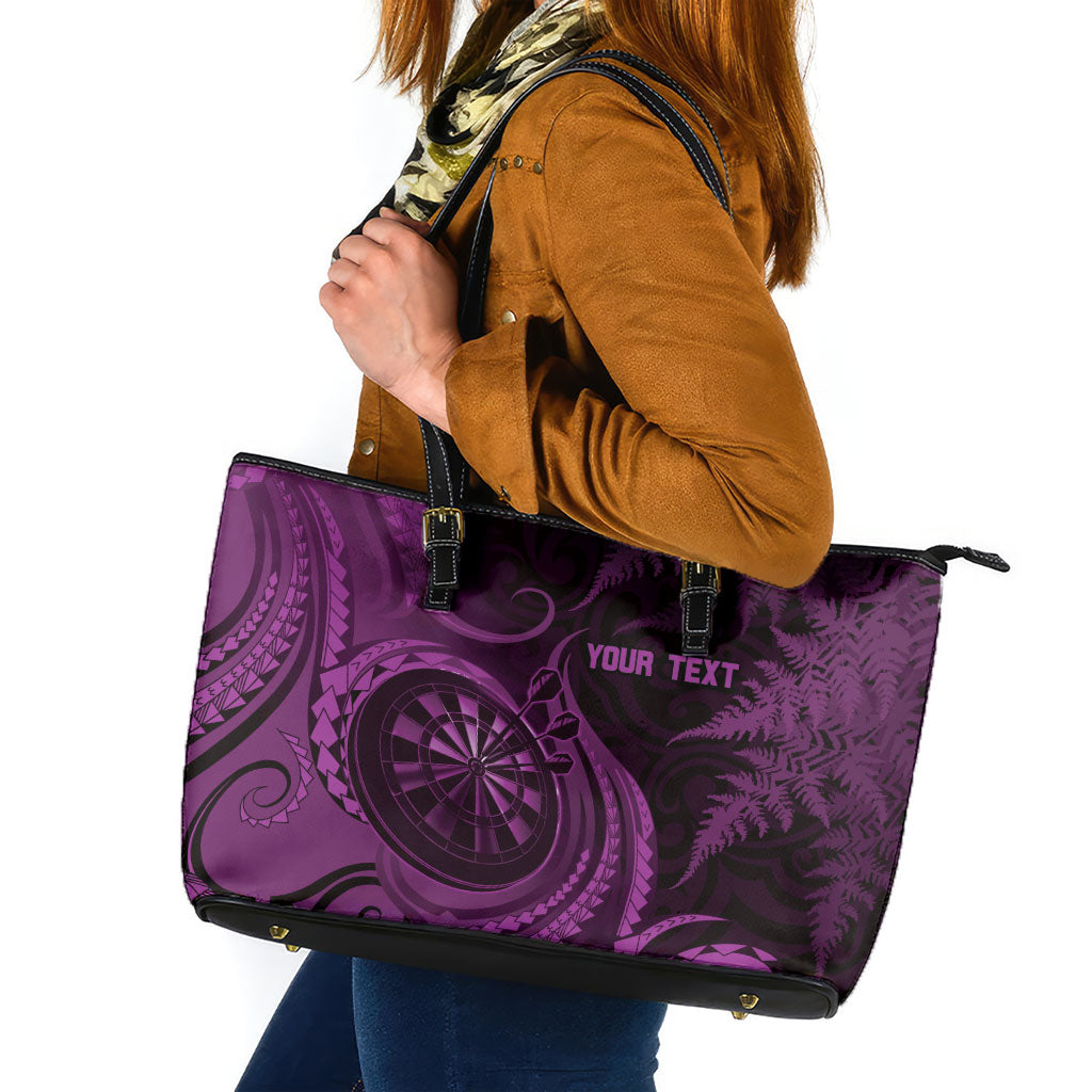 Personalised New Zealand Purple Darts Leather Tote Bag Maori Fern Curve Style