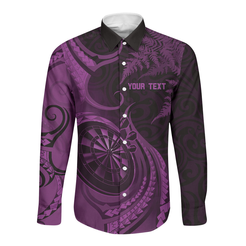Personalised New Zealand Purple Darts Long Sleeve Button Shirt Maori Fern Curve Style LT05 Unisex Purple - Polynesian Pride