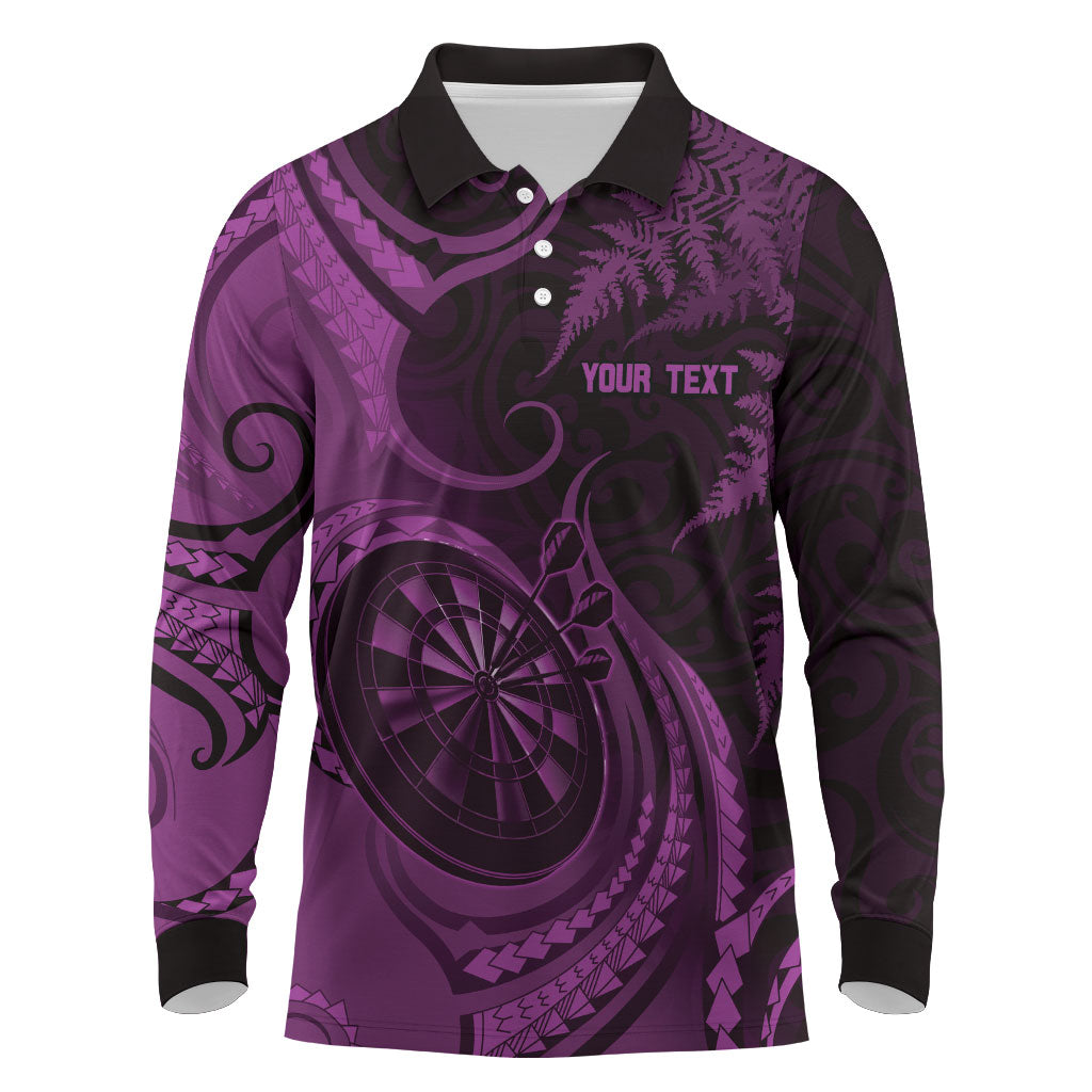 Personalised New Zealand Purple Darts Long Sleeve Polo Shirt Maori Fern Curve Style