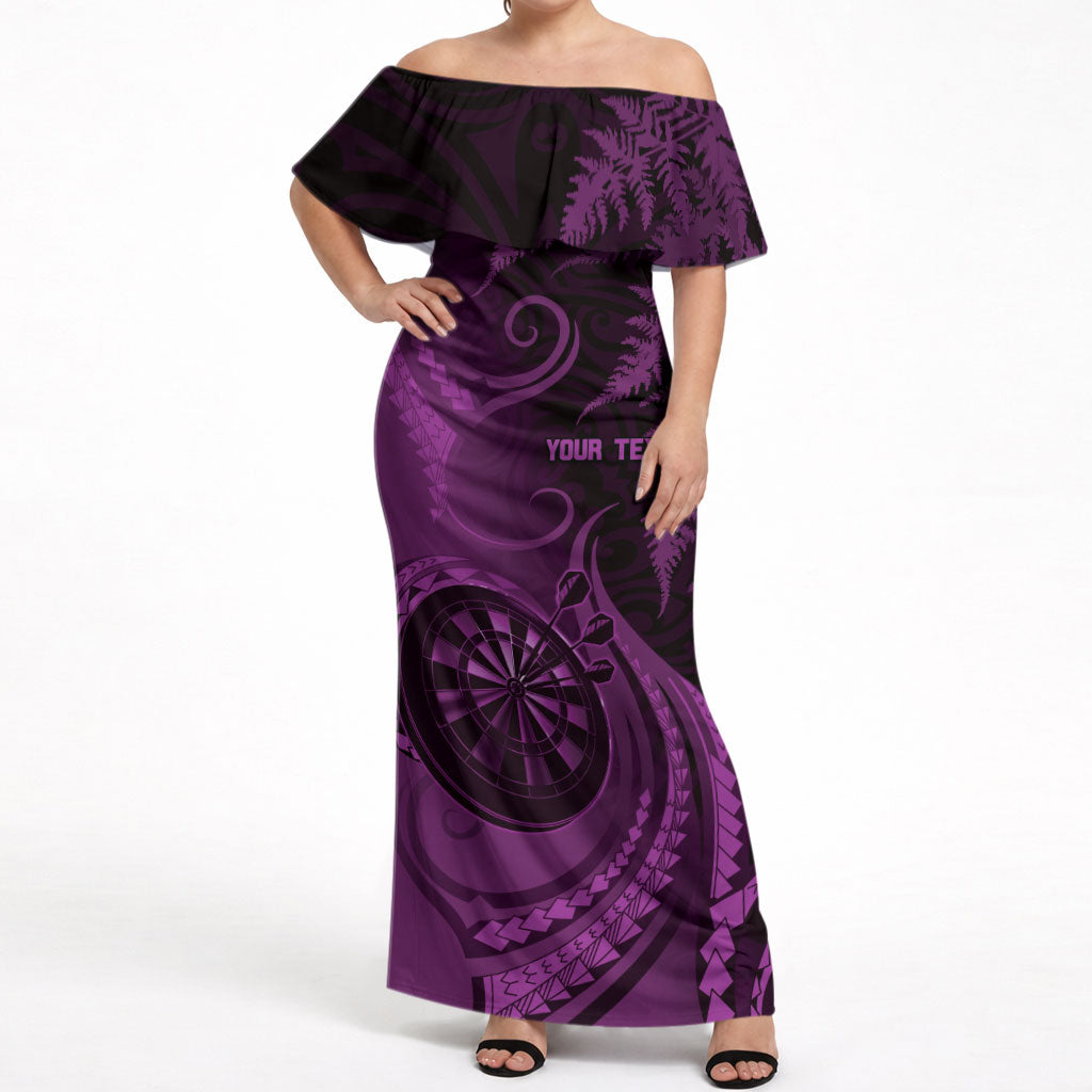 Personalised New Zealand Purple Darts Off Shoulder Maxi Dress Maori Fern Curve Style