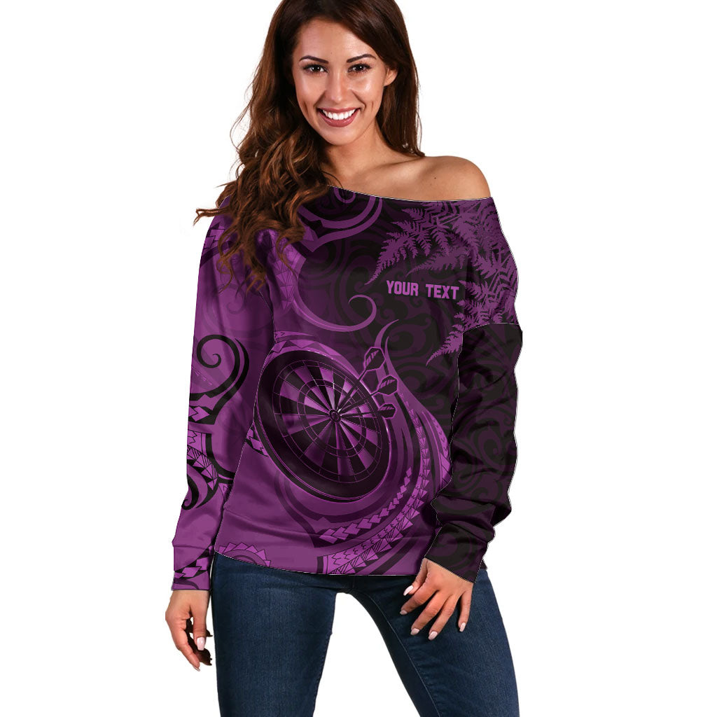 Personalised New Zealand Purple Darts Off Shoulder Sweater Maori Fern Curve Style LT05 Women Purple - Polynesian Pride