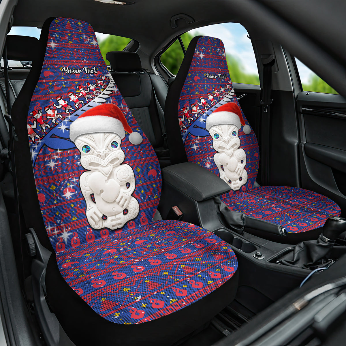 Personalized New Zealand Christmas Car Seat Cover Haka Fern Santa Tiki Meri Kirihimete LT05 One Size Blue - Polynesian Pride