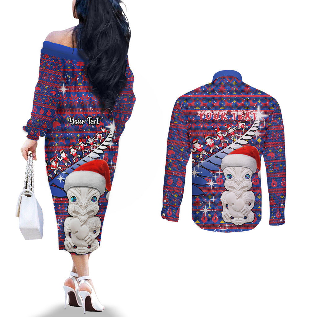Personalized New Zealand Christmas Couples Matching Off The Shoulder Long Sleeve Dress and Long Sleeve Button Shirts Haka Fern Santa Tiki Meri Kirihimete LT05 - Polynesian Pride