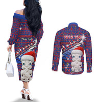 Personalized New Zealand Christmas Couples Matching Off The Shoulder Long Sleeve Dress and Long Sleeve Button Shirts Haka Fern Santa Tiki Meri Kirihimete LT05 - Polynesian Pride