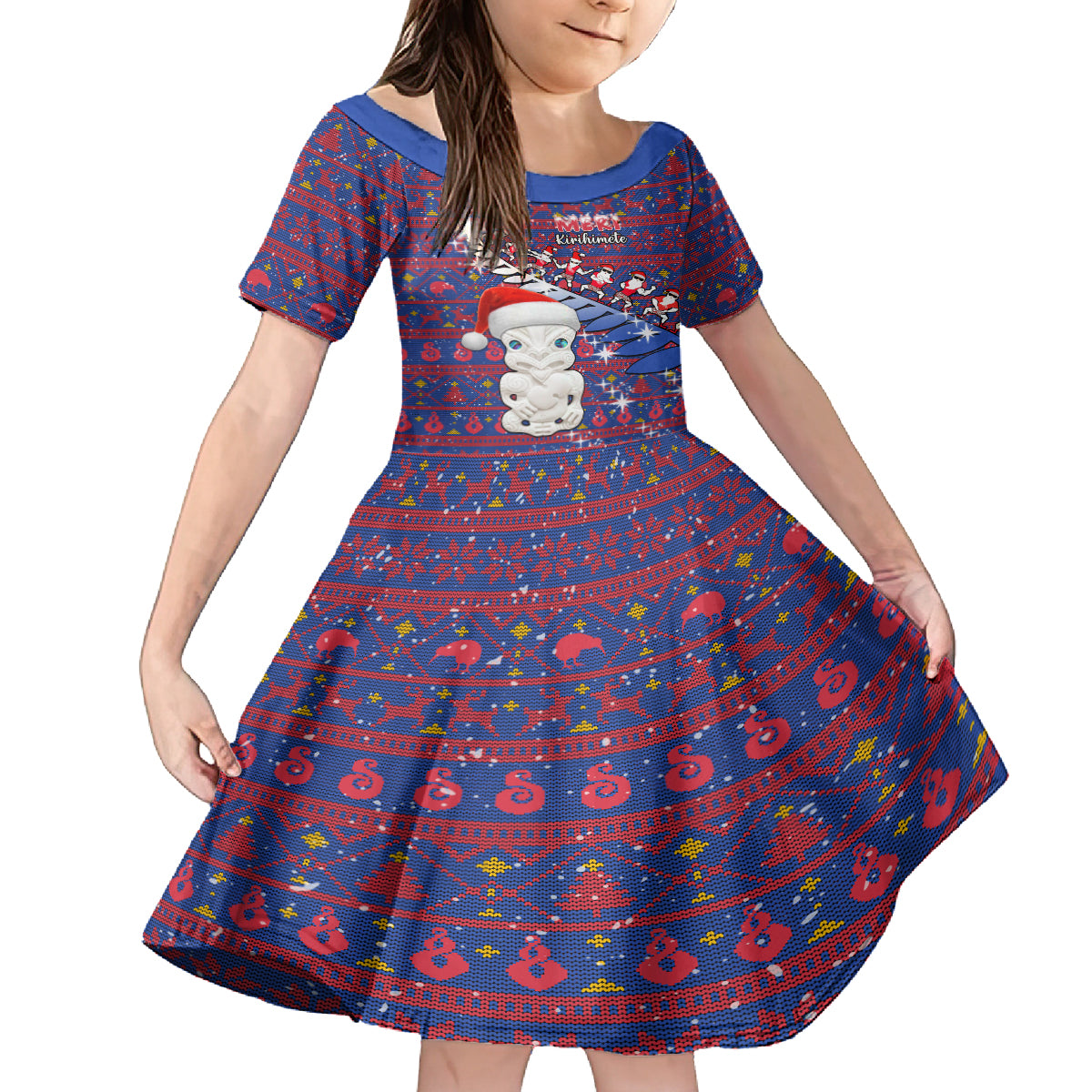 Personalized New Zealand Christmas Family Matching Off Shoulder Short Dress and Hawaiian Shirt Haka Fern Santa Tiki Meri Kirihimete LT05 Daughter's Dress Blue - Polynesian Pride