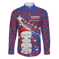 Personalized New Zealand Christmas Family Matching Short Sleeve Bodycon Dress and Hawaiian Shirt Haka Fern Santa Tiki Meri Kirihimete LT05 Dad's Shirt - Long Sleeve Blue - Polynesian Pride
