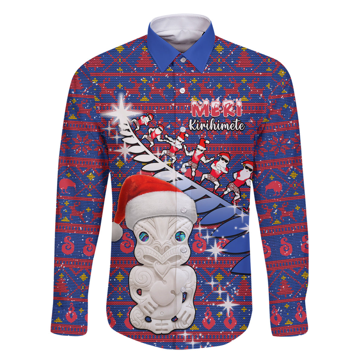 Personalized New Zealand Christmas Family Matching Summer Maxi Dress and Hawaiian Shirt Haka Fern Santa Tiki Meri Kirihimete LT05 Dad's Shirt - Long Sleeve Blue - Polynesian Pride