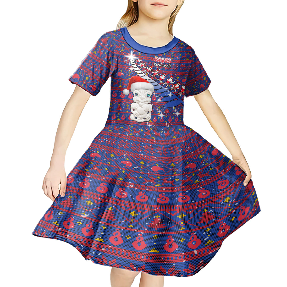 Personalized New Zealand Christmas Kid Short Sleeve Dress Haka Fern Santa Tiki Meri Kirihimete LT05 - Polynesian Pride