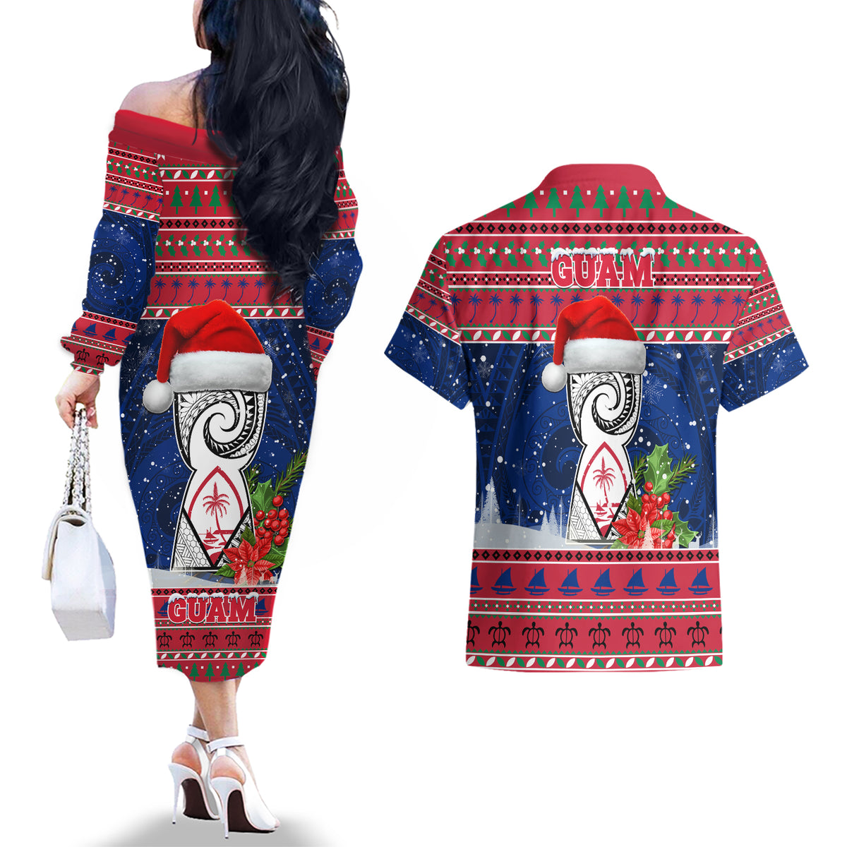Guam Christmas Couples Matching Off The Shoulder Long Sleeve Dress and Hawaiian Shirt Guaman Seal Poinsettia Felis Pasgua LT05 - Polynesian Pride