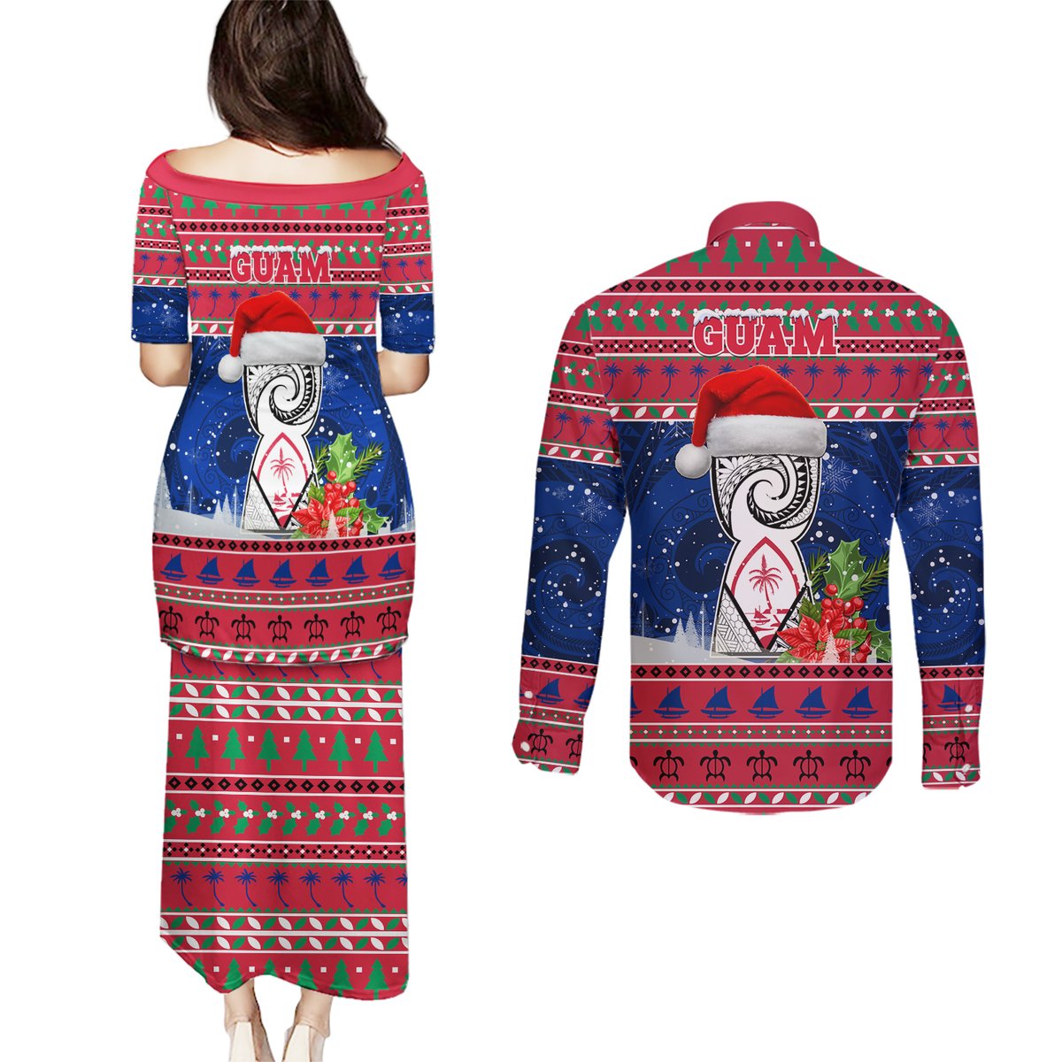Guam Christmas Couples Matching Puletasi Dress and Long Sleeve Button Shirts Guaman Seal Poinsettia Felis Pasgua LT05 - Polynesian Pride
