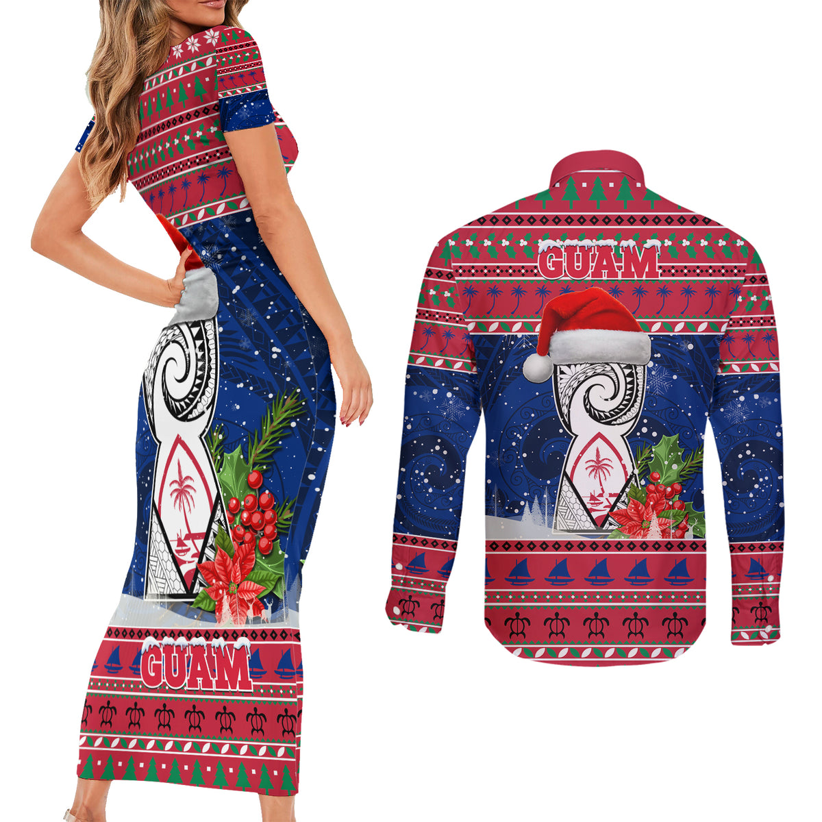 Guam Christmas Couples Matching Short Sleeve Bodycon Dress and Long Sleeve Button Shirts Guaman Seal Poinsettia Felis Pasgua LT05 - Polynesian Pride