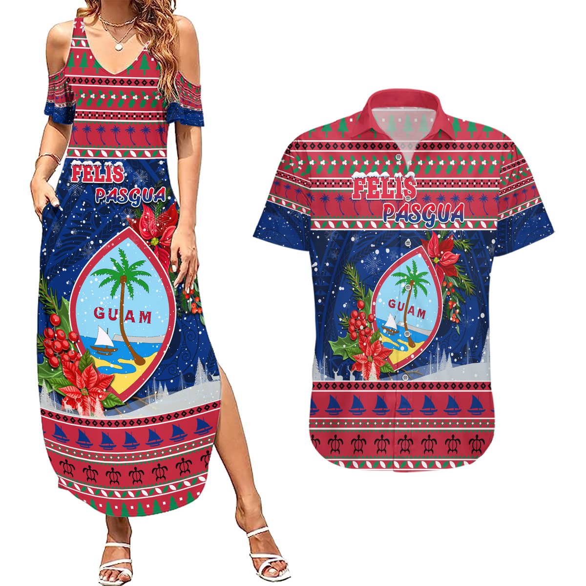 Guam Christmas Couples Matching Summer Maxi Dress and Hawaiian Shirt Guaman Seal Poinsettia Felis Pasgua LT05 Red - Polynesian Pride