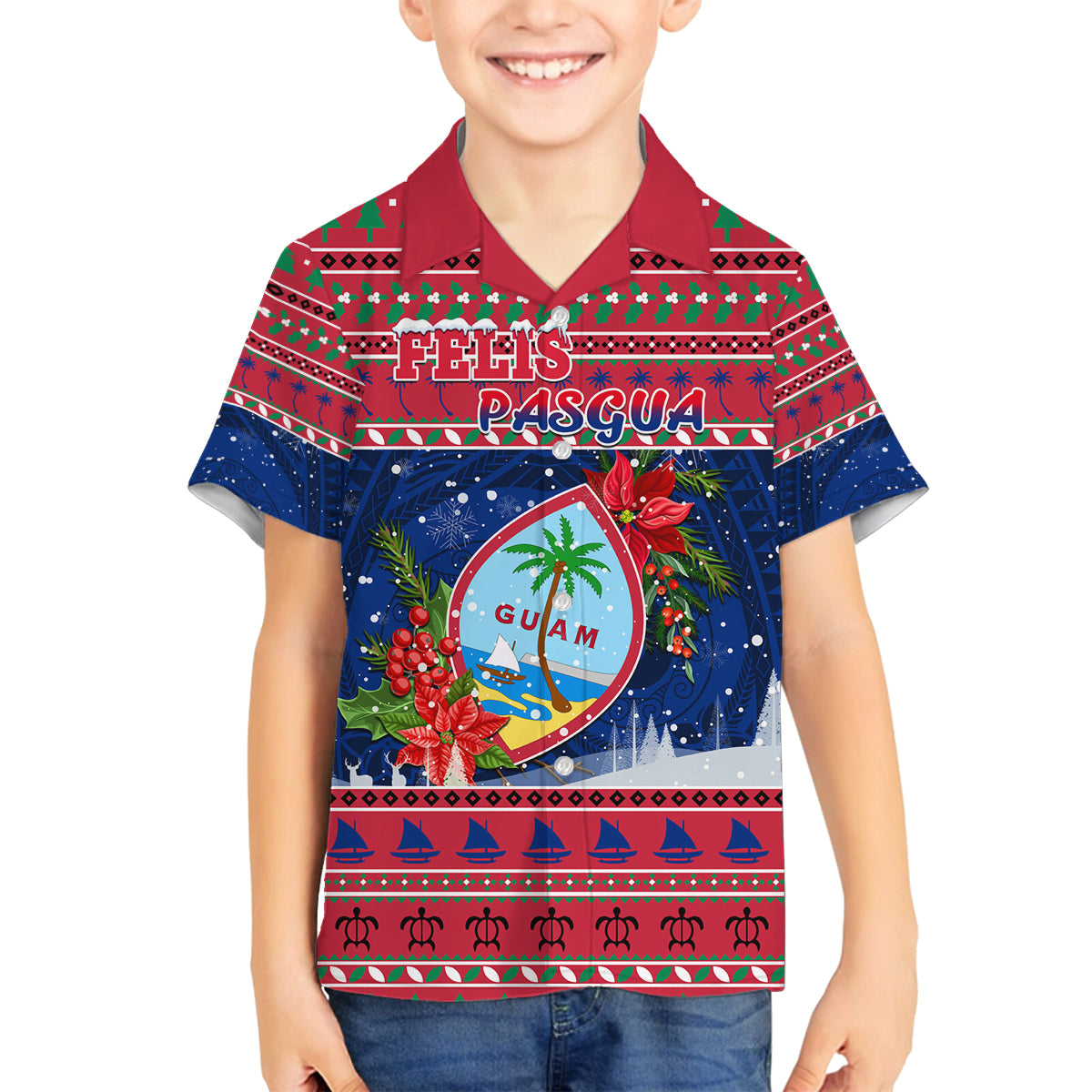 Guam Christmas Family Matching Off Shoulder Maxi Dress and Hawaiian Shirt Guaman Seal Poinsettia Felis Pasgua LT05 Son's Shirt Red - Polynesian Pride