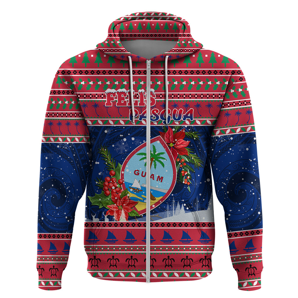 Guam Christmas Hoodie Guaman Seal Poinsettia Felis Pasgua LT05 Zip Hoodie Red - Polynesian Pride