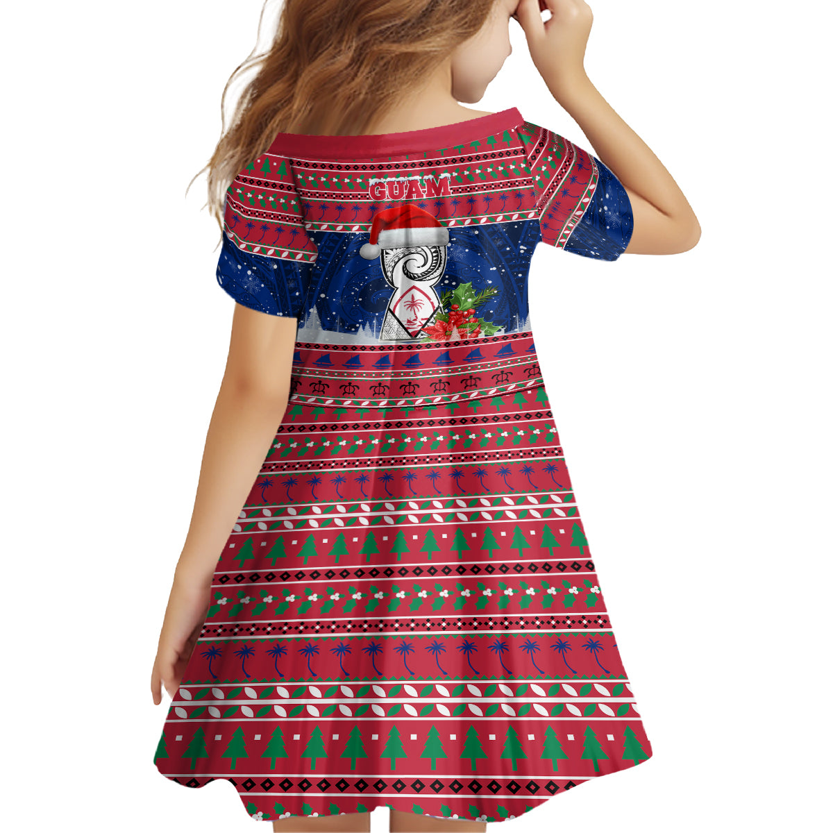 Guam Christmas Kid Short Sleeve Dress Guaman Seal Poinsettia Felis Pasgua LT05 - Polynesian Pride