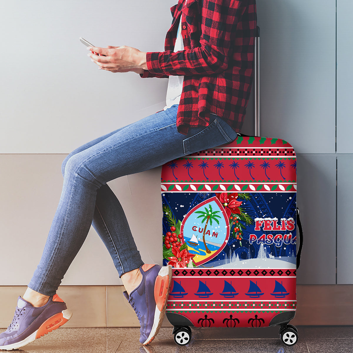 Guam Christmas Luggage Cover Guaman Seal Poinsettia Felis Pasgua LT05 - Polynesian Pride