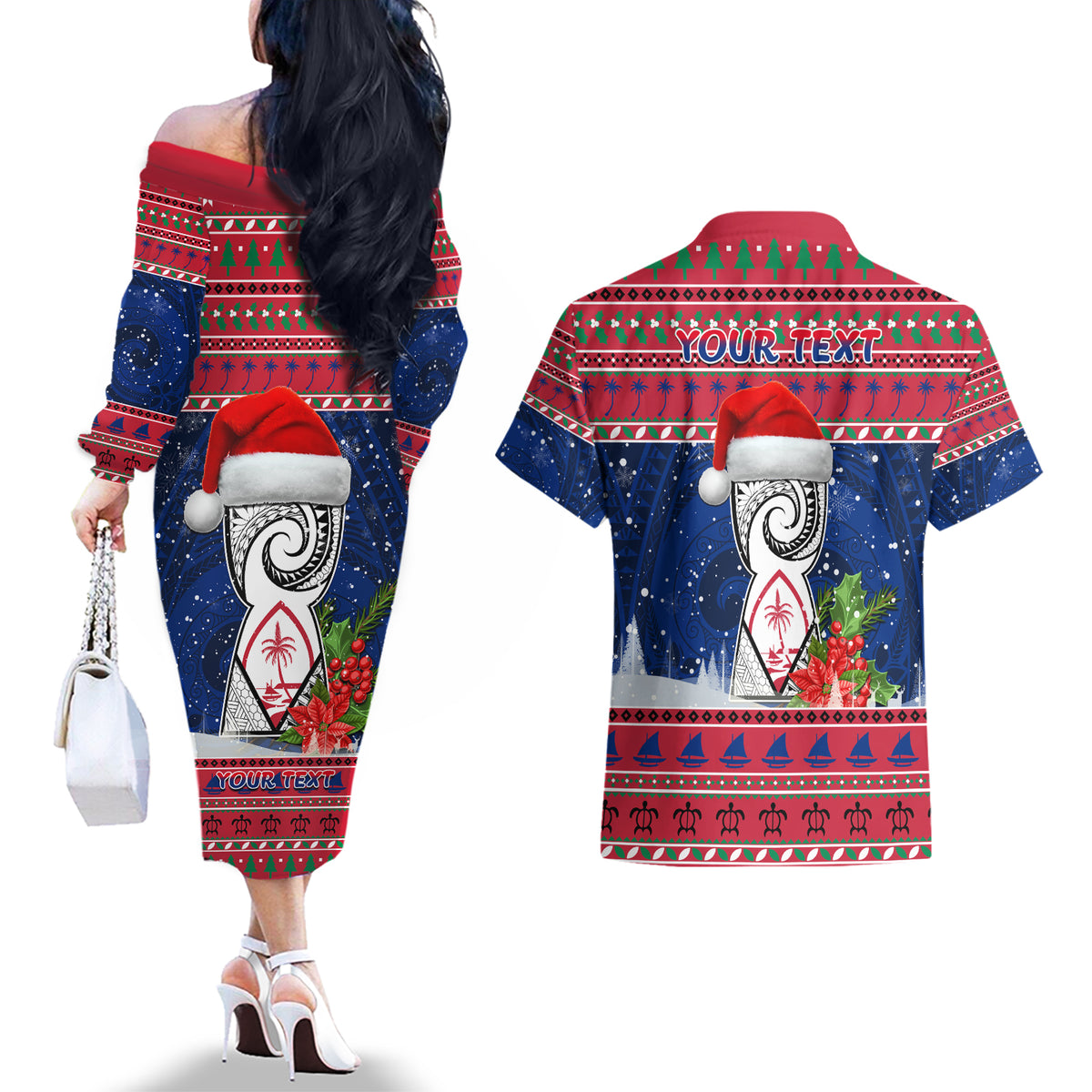 Personalized Guam Christmas Couples Matching Off The Shoulder Long Sleeve Dress and Hawaiian Shirt Guaman Seal Poinsettia Felis Pasgua LT05 - Polynesian Pride