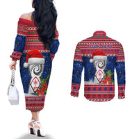 Personalized Guam Christmas Couples Matching Off The Shoulder Long Sleeve Dress and Long Sleeve Button Shirts Guaman Seal Poinsettia Felis Pasgua LT05 - Polynesian Pride