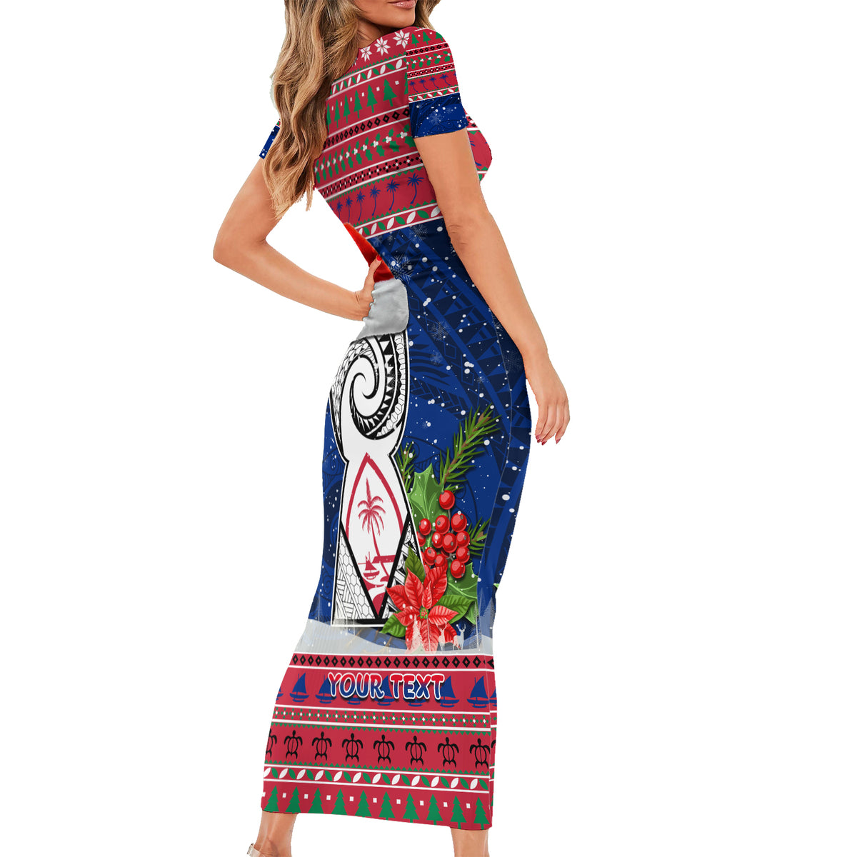 Personalized Guam Christmas Short Sleeve Bodycon Dress Guaman Seal Poinsettia Felis Pasgua LT05 - Polynesian Pride