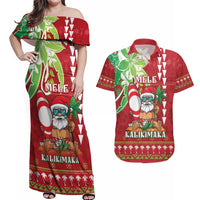 Personalised Hawaii Christmas Couples Matching Off Shoulder Maxi Dress and Hawaiian Shirt Funny Santa Claus Surf Mele Kalikimaka LT05 Red - Polynesian Pride