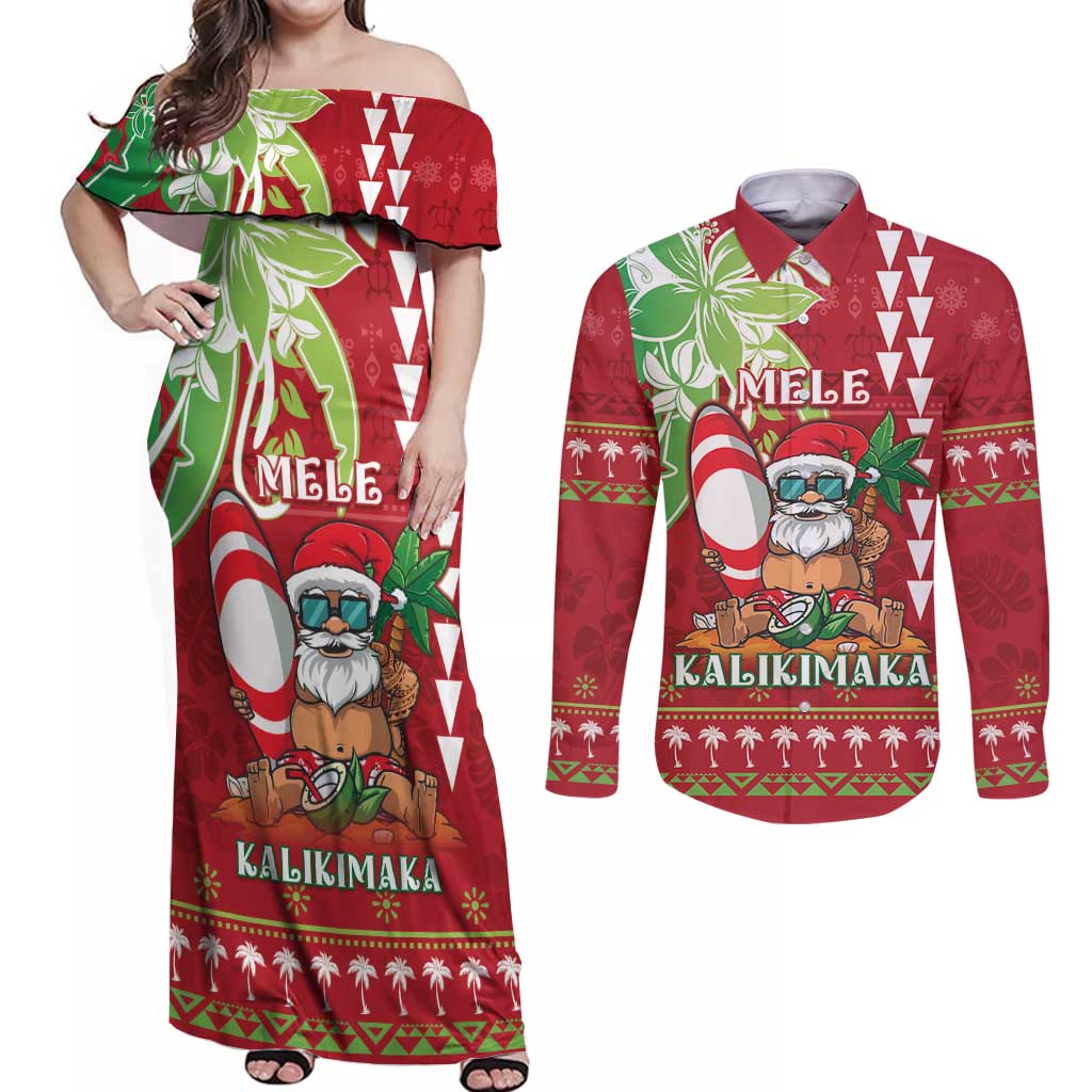 Personalised Hawaii Christmas Couples Matching Off Shoulder Maxi Dress and Long Sleeve Button Shirt Funny Santa Claus Surf Mele Kalikimaka