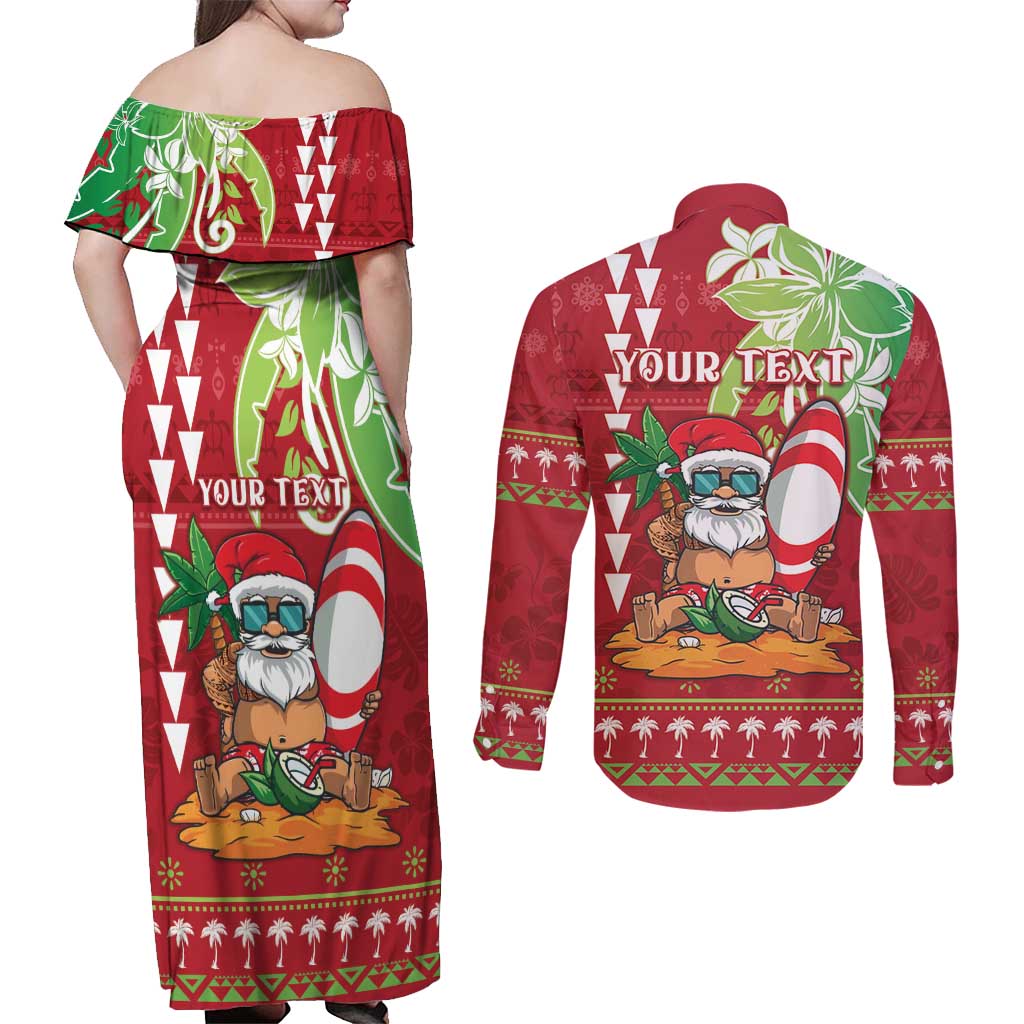 Personalised Hawaii Christmas Couples Matching Off Shoulder Maxi Dress and Long Sleeve Button Shirt Funny Santa Claus Surf Mele Kalikimaka LT05 - Polynesian Pride