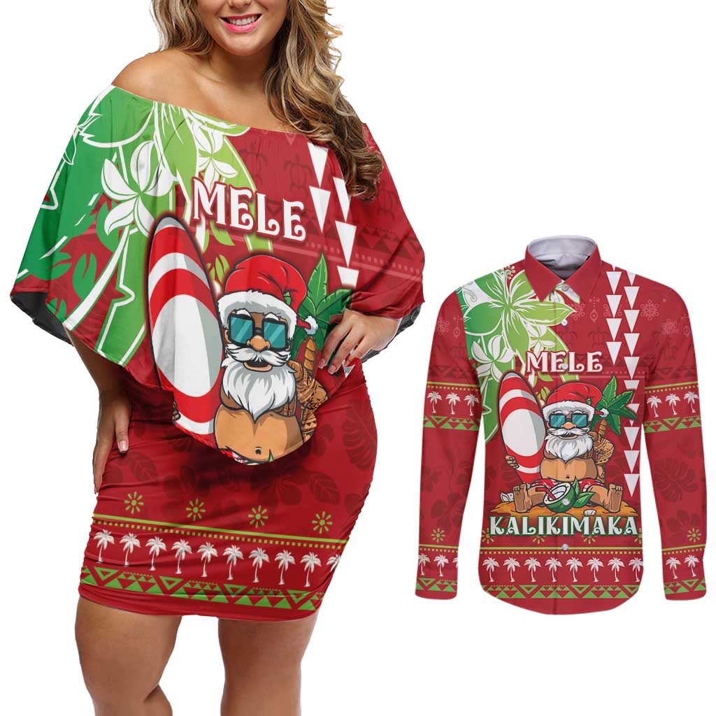 Personalised Hawaii Christmas Couples Matching Off Shoulder Short Dress and Long Sleeve Button Shirt Funny Santa Claus Surf Mele Kalikimaka LT05 Red - Polynesian Pride