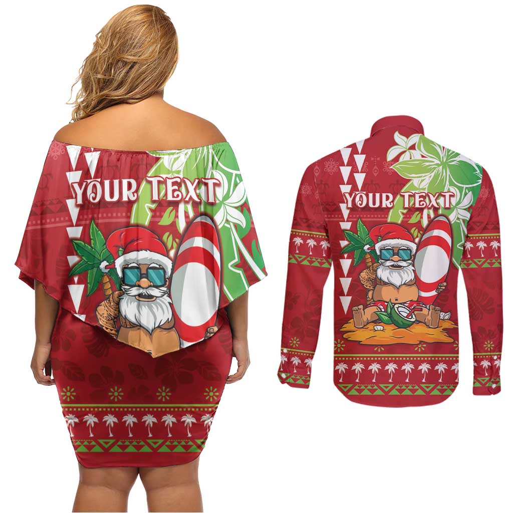 Personalised Hawaii Christmas Couples Matching Off Shoulder Short Dress and Long Sleeve Button Shirt Funny Santa Claus Surf Mele Kalikimaka LT05 - Polynesian Pride
