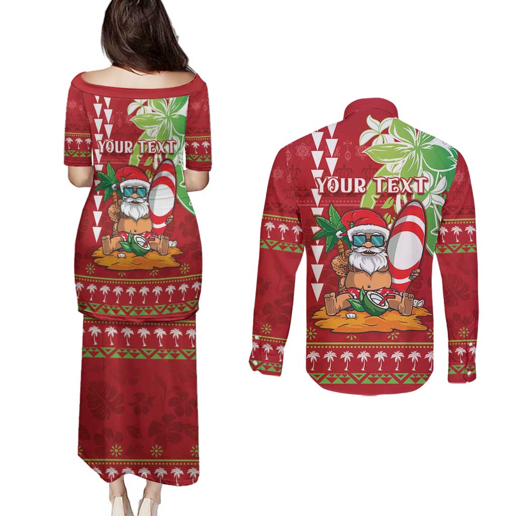 Personalised Hawaii Christmas Couples Matching Puletasi and Long Sleeve Button Shirt Funny Santa Claus Surf Mele Kalikimaka LT05 - Polynesian Pride
