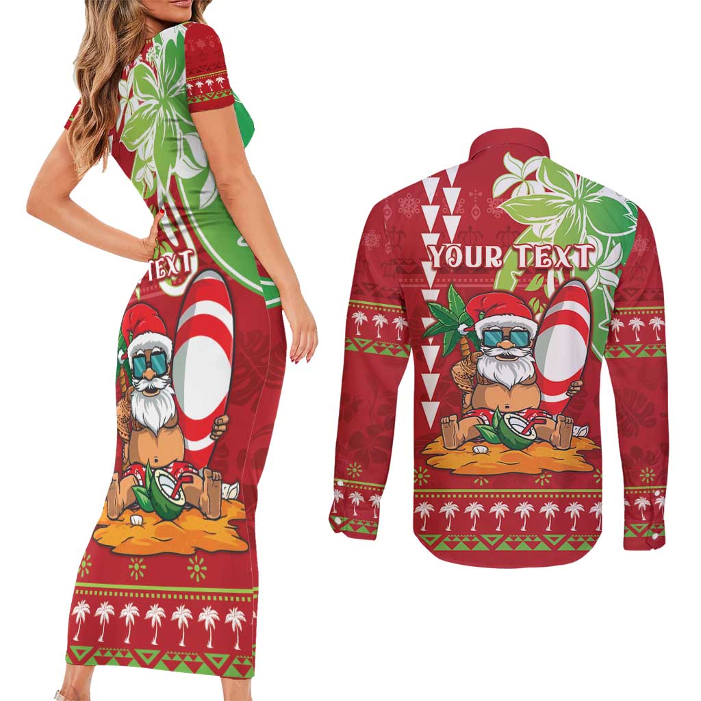 Personalised Hawaii Christmas Couples Matching Short Sleeve Bodycon Dress and Long Sleeve Button Shirt Funny Santa Claus Surf Mele Kalikimaka