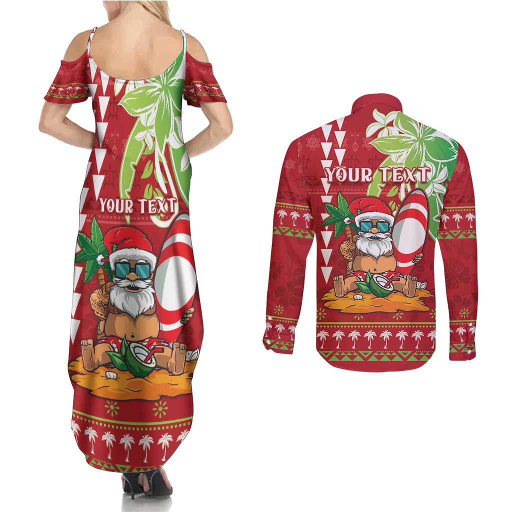 Personalised Hawaii Christmas Couples Matching Summer Maxi Dress and Long Sleeve Button Shirt Funny Santa Claus Surf Mele Kalikimaka