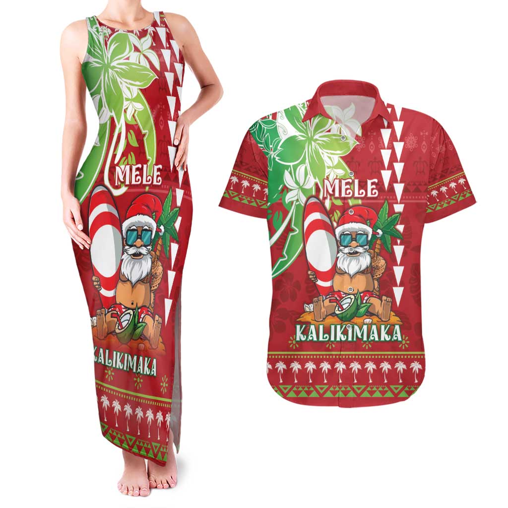Personalised Hawaii Christmas Couples Matching Tank Maxi Dress and Hawaiian Shirt Funny Santa Claus Surf Mele Kalikimaka