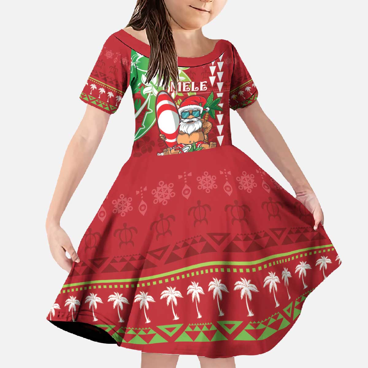 Personalised Hawaii Christmas Family Matching Off The Shoulder Long Sleeve Dress and Hawaiian Shirt Funny Santa Claus Surf Mele Kalikimaka LT05 Daughter's Dress Red - Polynesian Pride