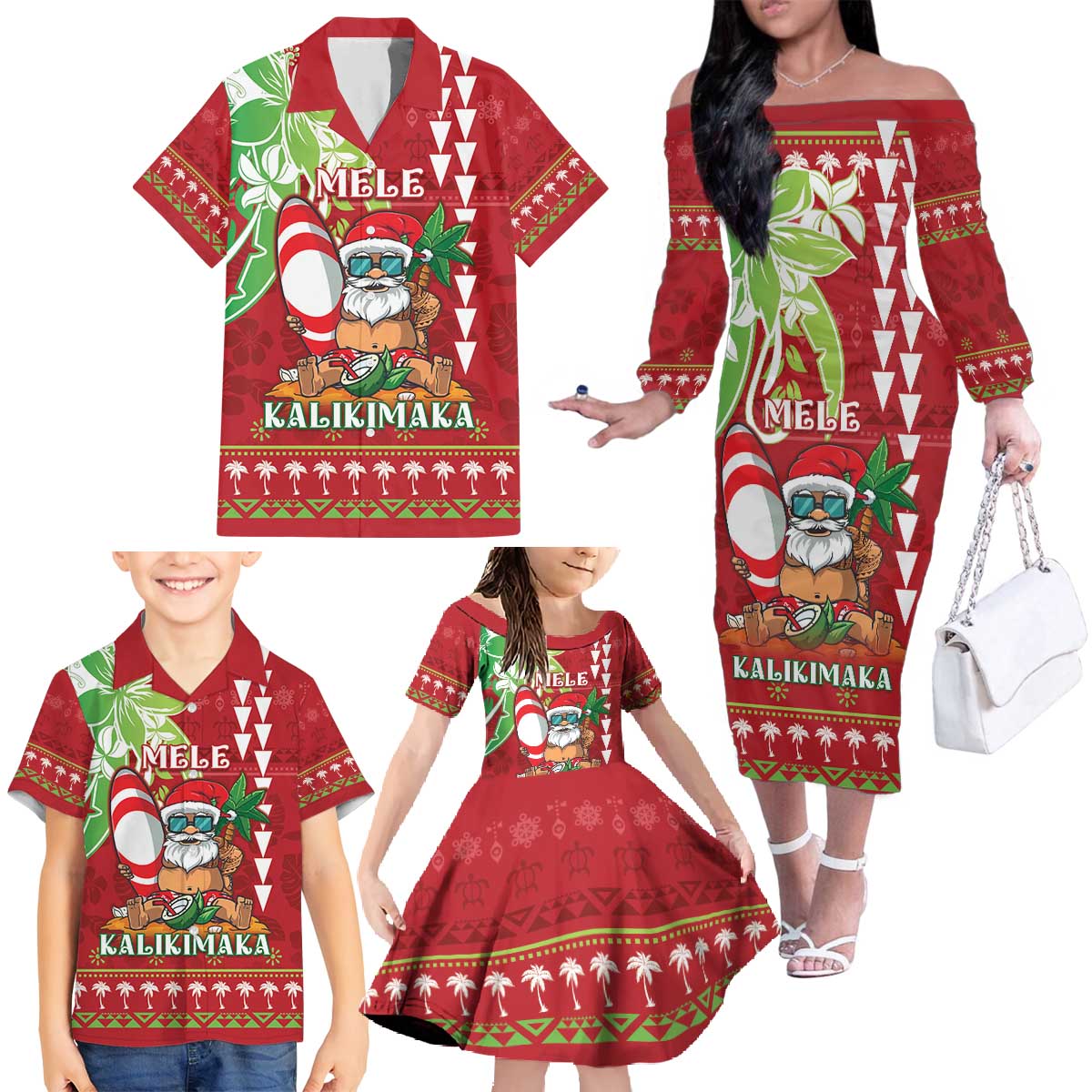 Personalised Hawaii Christmas Family Matching Off The Shoulder Long Sleeve Dress and Hawaiian Shirt Funny Santa Claus Surf Mele Kalikimaka LT05 - Polynesian Pride