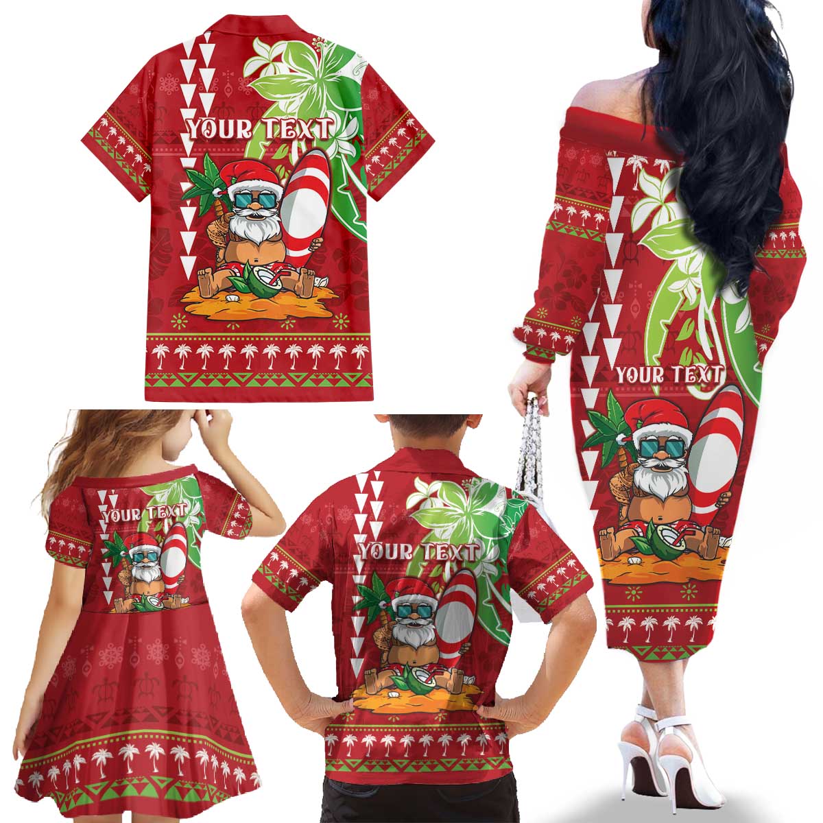 Personalised Hawaii Christmas Family Matching Off The Shoulder Long Sleeve Dress and Hawaiian Shirt Funny Santa Claus Surf Mele Kalikimaka LT05 - Polynesian Pride