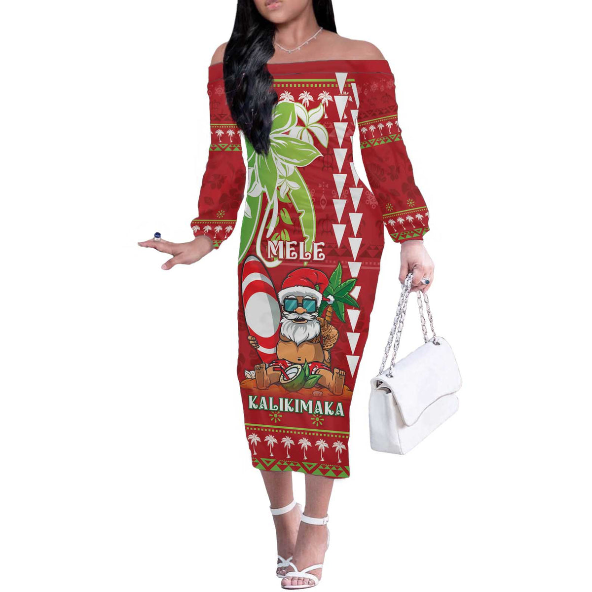 Personalised Hawaii Christmas Off The Shoulder Long Sleeve Dress Funny Santa Claus Surf Mele Kalikimaka LT05 Women Red - Polynesian Pride