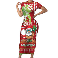 Personalised Hawaii Christmas Short Sleeve Bodycon Dress Funny Santa Claus Surf Mele Kalikimaka LT05 Long Dress Red - Polynesian Pride