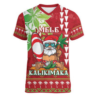 Personalised Hawaii Christmas Women V-Neck T-Shirt Funny Santa Claus Surf Mele Kalikimaka LT05 Female Red - Polynesian Pride