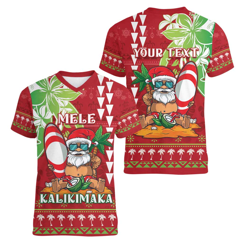 Personalised Hawaii Christmas Women V-Neck T-Shirt Funny Santa Claus Surf Mele Kalikimaka LT05 - Polynesian Pride