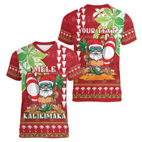 Personalised Hawaii Christmas Women V-Neck T-Shirt Funny Santa Claus Surf Mele Kalikimaka LT05 - Polynesian Pride