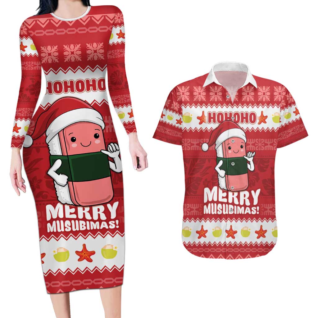 Hawaii Funny Christmas Couples Matching Long Sleeve Bodycon Dress and Hawaiian Shirt Spam Musubi Santa LT05 Red - Polynesian Pride