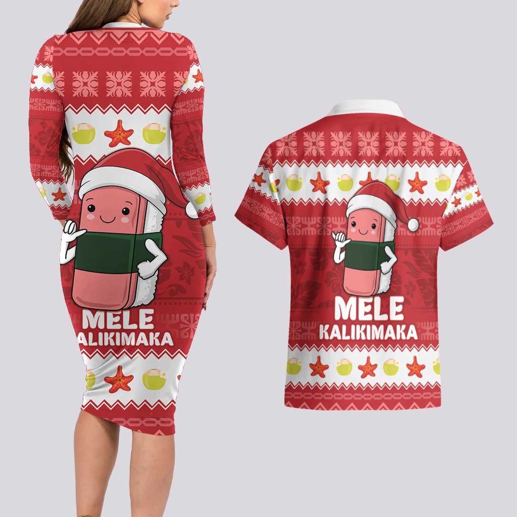 Hawaii Funny Christmas Couples Matching Long Sleeve Bodycon Dress and Hawaiian Shirt Spam Musubi Santa LT05 - Polynesian Pride