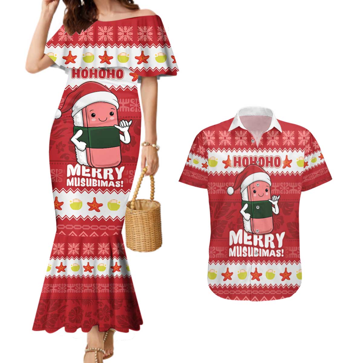 Hawaii Funny Christmas Couples Matching Mermaid Dress and Hawaiian Shirt Spam Musubi Santa LT05 Red - Polynesian Pride