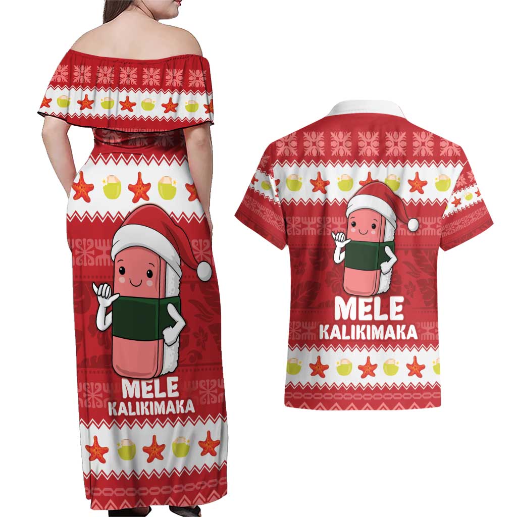 Hawaii Funny Christmas Couples Matching Off Shoulder Maxi Dress and Hawaiian Shirt Spam Musubi Santa LT05 - Polynesian Pride
