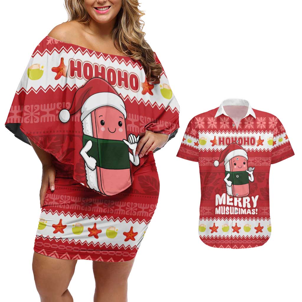 Hawaii Funny Christmas Couples Matching Off Shoulder Short Dress and Hawaiian Shirt Spam Musubi Santa